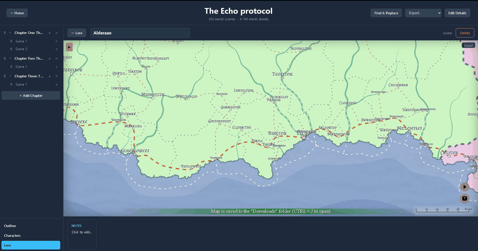 Quillen interactive world map, zoomed in to show town and road detail